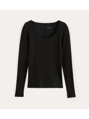 Everlane The Luxe Micro Rib Long Sleeve Scoop Neck Tee Womens Size XXS Black NWT